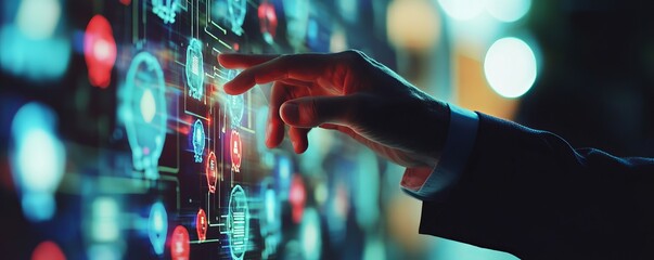 Closeup of businessman s hand activating digital human icons, concept of virtual team building