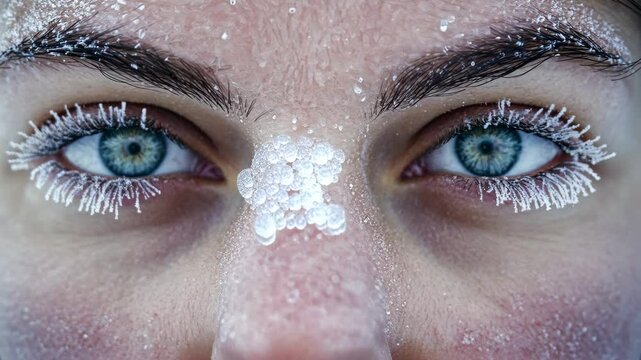 Young woman showing frozen eyelashes and eyebrows is looking