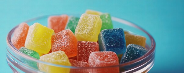 Closeup of colorful gummies in a glass bowl, vibrant tones, playful yet healthconscious theme