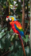 Fototapeta premium A colorful parrot is perched on a leafy branch. The bird is bright red, blue, and yellow, and it is looking at the camera. The scene is lively and vibrant