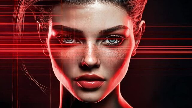 A visually captivating stock photo showcases a digital collage featuring a human face fragmented into four distinct parts, rendered with Blender for a grainy and projection mapping effect