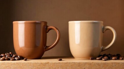 Two Coffee Mugs on brown background. The mugs are standing in a row, with beans. Concept of coffee shop and drinks. Illustration Cocoa, Mocha and Creamy trendy colors