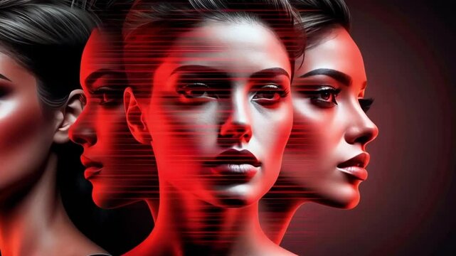 A visually captivating stock photo showcases a digital collage featuring a human face fragmented into four distinct parts, rendered with Blender for a grainy and projection mapping effect