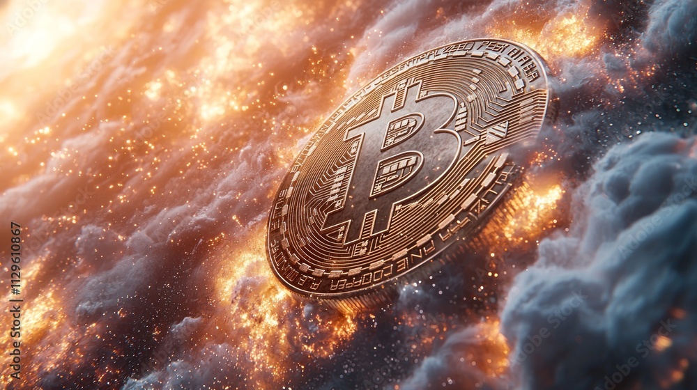 Poster bitcoin symbol hovers serene setting surrounded soft glowing orbs and wispy clouds creating mystical