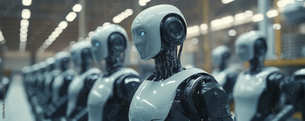 Poster ai adoption in business concept. futuristic robots in suits standing in factory setting, collaborati