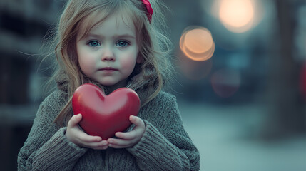 Red heart. Little girl holding a heart