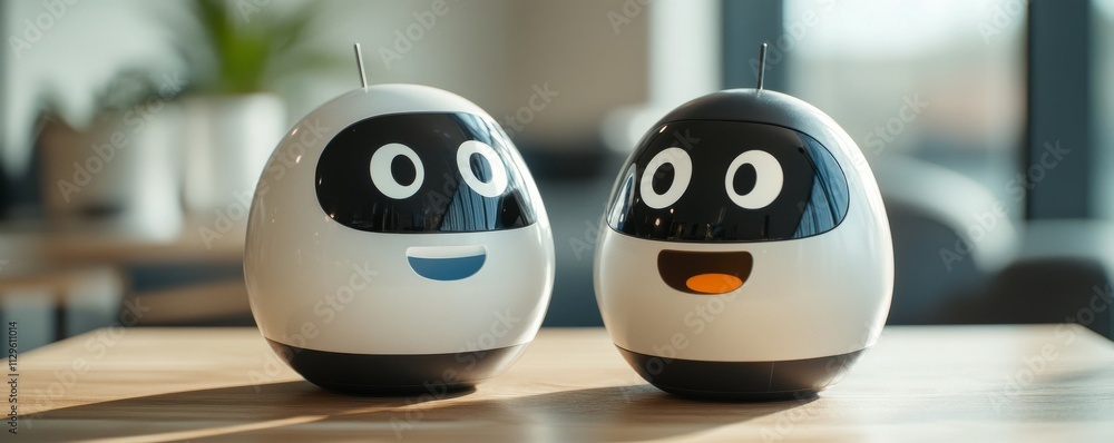 Poster ai adoption in business concept. two cheerful robots with friendly expressions on wooden table