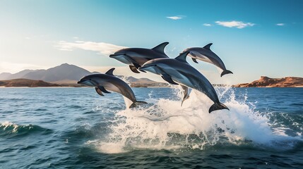 Dolphins leaping gracefully above ocean waves in a scenic landscape.