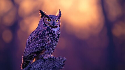 Majestic great horned owl perched on a branch at sunset.