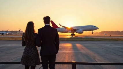 A couple watches a plane taking off at sunset on an airport tarmac. Concept of travel and adventure.