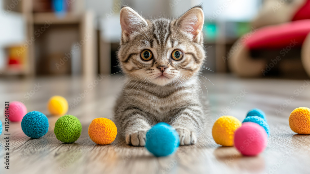 Poster a kitten is laying on a floor with a bunch of colorful balls. the kitten appears to be curious and p