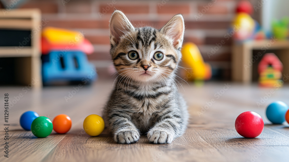 Poster a kitten is laying on the floor next to a pile of colorful balls. the scene is playful and lighthear