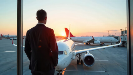 A businessman stands at a window, looking at airplanes on the tarmac during sunset. Concept of business travel.