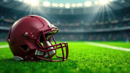 A maroon football helmet sits on a bright green field with a blurred stadium in the background, ready for the Super Bowl. Concept of Super Bowl game day.
