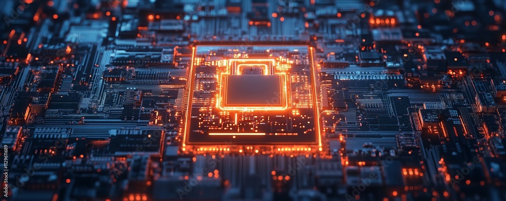 Poster circuit board pattern forming a glowing digital padlock, symbolizing the integration of security in 