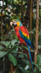 A colorful parrot is perched on a leafy branch. The bird is bright red, blue, and yellow, and it is looking at the camera. The scene is lively and vibrant