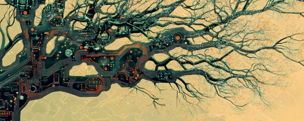 A digital tree with circuitry for branches, symbolizing organic growth and technology.