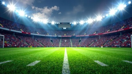 A vibrant green soccer field stretches towards a packed stadium under the bright lights, ready for the big game. Concept of excitement and anticipation before a major sporting event.