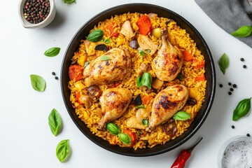 Flat lay of chicken paella a traditional Valencian rice dish with chicken and vegetables