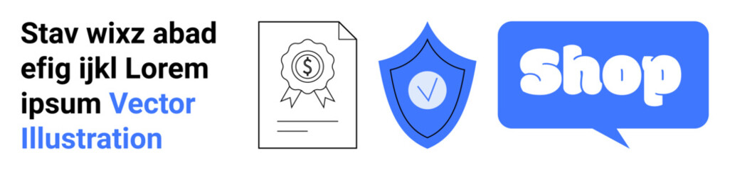 Certificate with a dollar symbol, security shield with a check mark, and a blue chat bubble reading Shop. Ideal for e-commerce, secure payment, online store, digital shopping, warranty. Banner