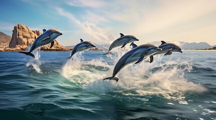 Fototapeta premium Dolphins leaping out of the water against a scenic backdrop.