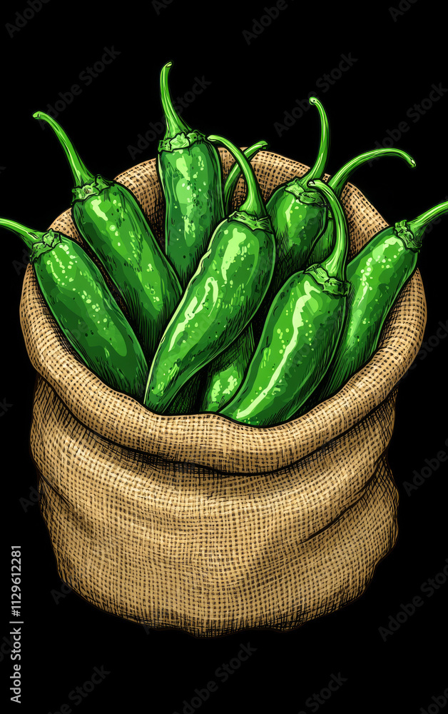 Poster a bunch of green peppers are in a brown bag. the peppers are all different sizes and are arranged in