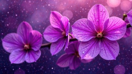Obraz premium A close-up of several purple flowers with a sparkling, bokeh background. Concept of floral magic.