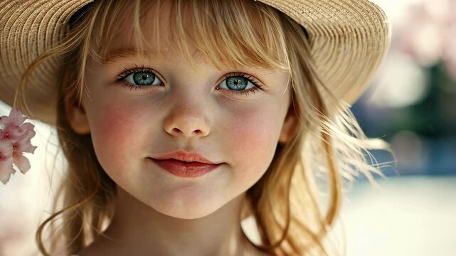 Child with blond hair wearing a straw hat stands under trees adorned with pink blossoms during daylight in spring