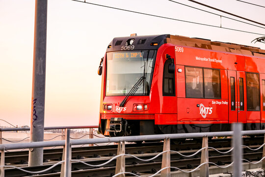 MTS Trolley on bridge go into city San Diego California December 6 2024 