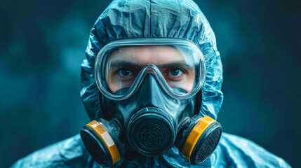 A man in a hazmat suit with a gas mask on his face. The man is wearing a blue suit and a yellow mask