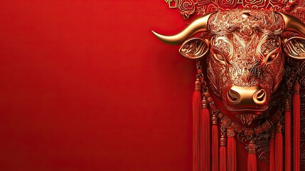 Intricate gold ox sculpture on red background celebrating chinese new year festivities and traditions.