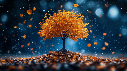 striking tree divided into two contrasting seasons: vibrant autumn foliage on one side and lush greenery of summer on the other, symbolizing change, balance, and the cycle of life