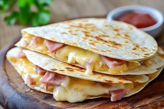 Flour tortilla quesadilla with ham and cheese Classic Mexican dish
