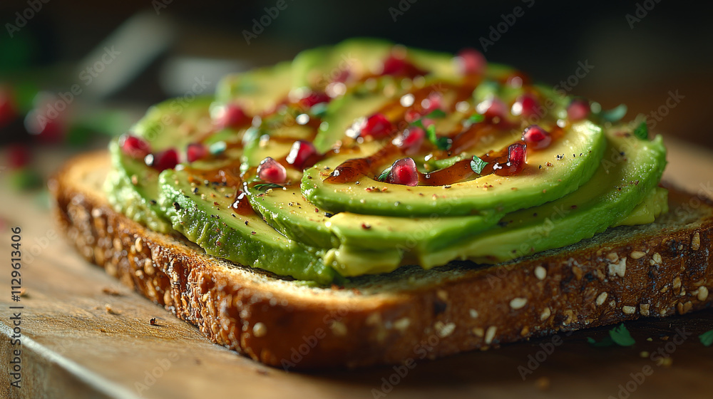 Poster a slice of avocado toast with a pink sauce on top. the avocado is cut into slices and arranged on a 