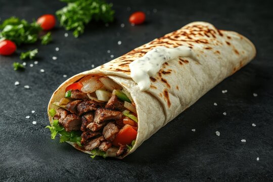 Fresh beef shawarma in a wrap with salad and white sauce Turkish doner kebab on lavash