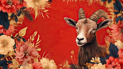 Vibrant goat with ornate floral frame on red background symbolizing chinese new year tradition and celebration