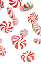 An engaging and visually stunning 3D depiction of falling peppermint candies isolated on a white background, complete with transparent PNG overlay.
