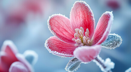A close up of a pink flower with frost on it. The flower is surrounded by snow, giving it a serene and peaceful atmosphere