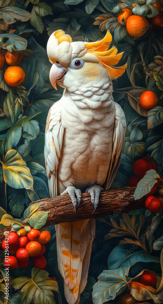 Poster a white parrot is perched on a branch in front of a tree full of oranges. the bird is the main focus