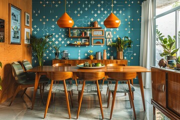 Obraz premium Mid-century modern dining room design with retro furniture and geometric patterns