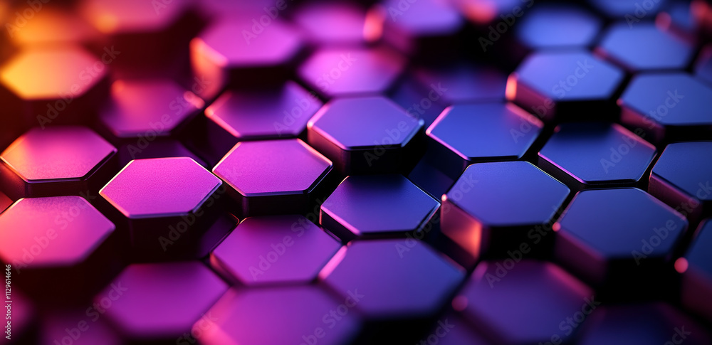 Poster a close up of a purple and blue hexagonal pattern. the image is abstract and has a futuristic feel t