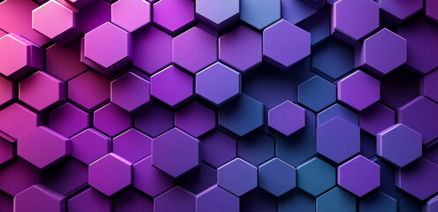 A vibrant purple and blue background with a multitude of hexagonal shapes. The colors are bold and eye-catching, creating a dynamic and energetic atmosphere. The hexagons are arranged in various sizes