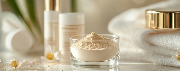 Collagen powder in a clear glass beside beauty products, skin health and beauty focus, soft lighting