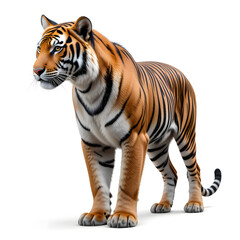Obraz premium Tiger isolated on a white background, Side view, tiger standing full HD image generated by Ai. full body, realistic, full detail looking at the camera,