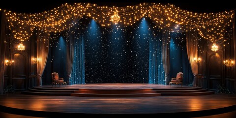 Obraz premium Elegant Stage Setting, Warm-lit Piano Performance, Grand Archway Entrance, Audience Seating Arrangement