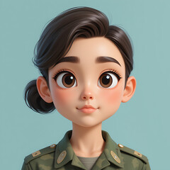Cute military avatar featuring cartoon style soldier character. The AI-generated illustration shows a charming young soldier in military uniform, complete with helmet and accessories
