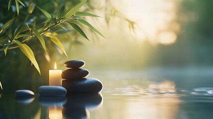 Obraz premium Serene Stones Candle Bamboo Peaceful Tranquil Scene