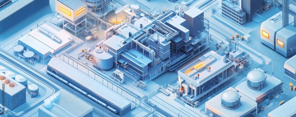 Poster aerial view of a smart factory with interconnected automated machines, smart factory automation, ind