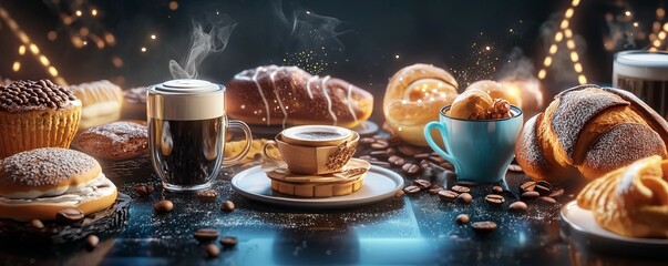 Digital menu design featuring endered coffee beans, steaming mugs, and vibrant bakery items, futuristic and clean