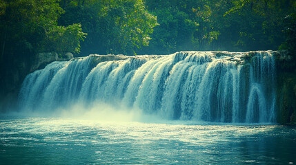 Fototapeta premium Waterfall cascading through lush tropical rainforest surrounded by vibrant green foliage blurred background symbolizing natural chaos energy tranquility renewal life force serenity and connection